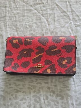 COACH Red Leopard Print Convertible Clutch with Gold Hardware